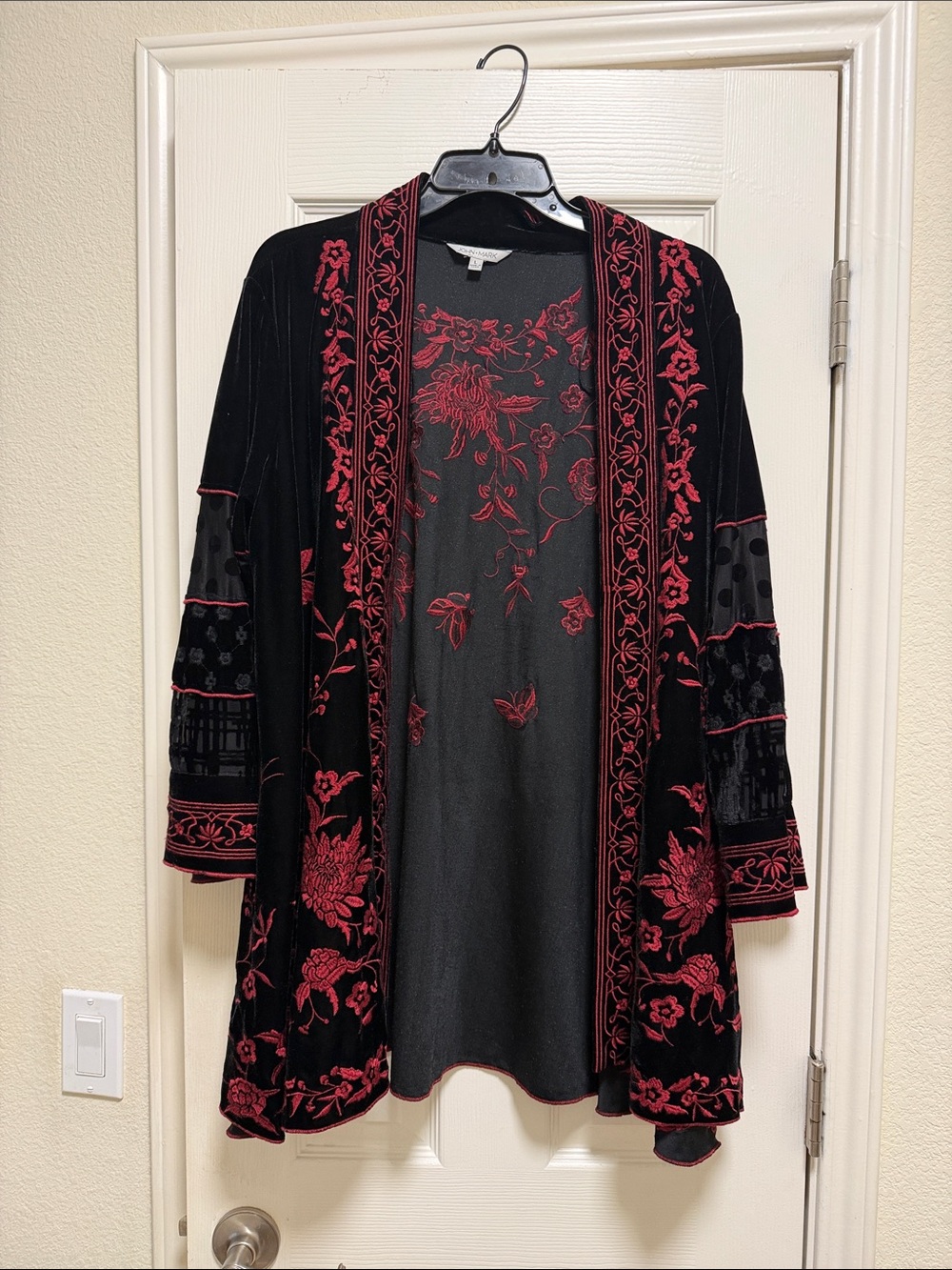 John Mark Black Velvet Kimono with Red Embroidered Accents